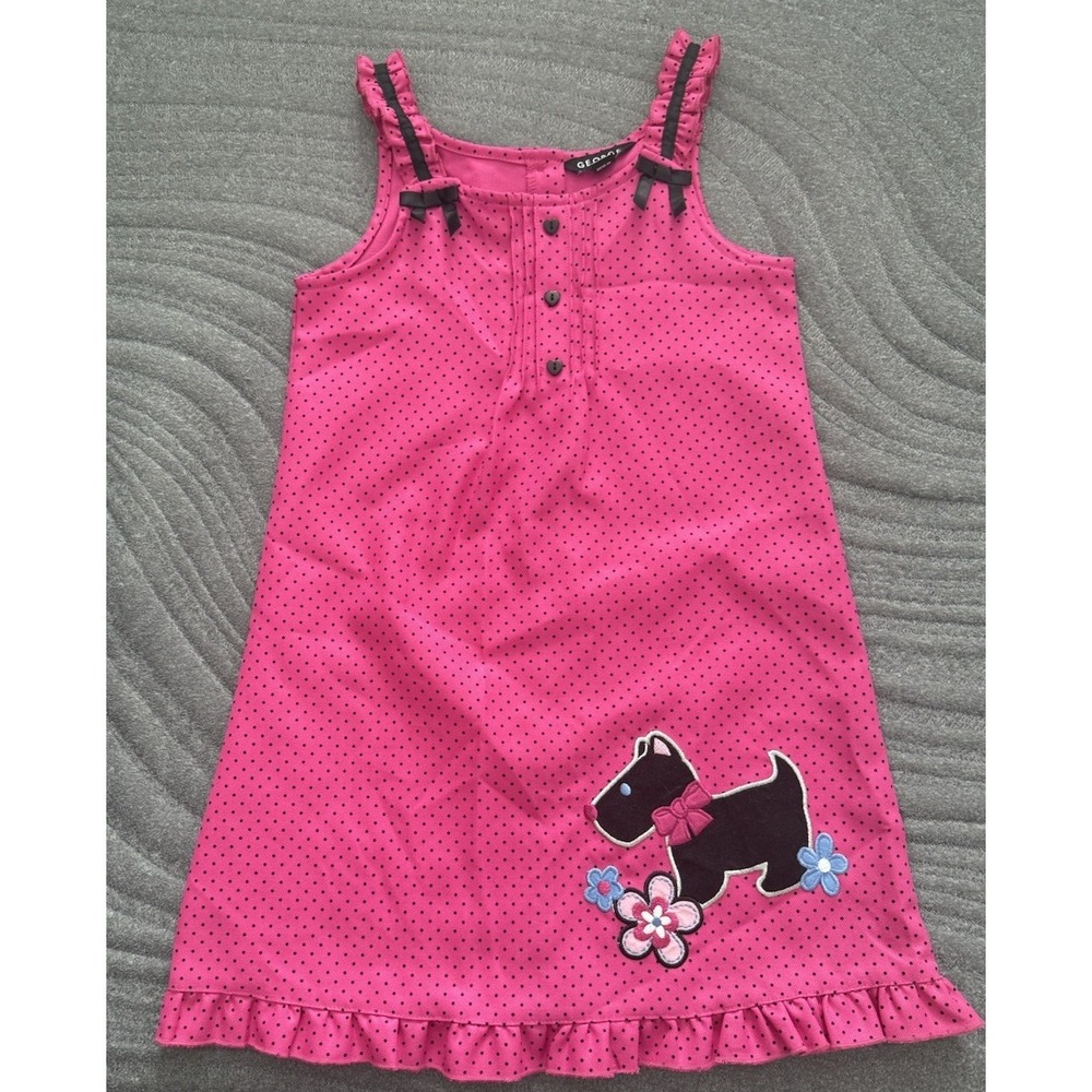 VTG George Girls Dress Scottie Dog‎ Jumper Dress Pink Polka Dot Ruffles Size 6